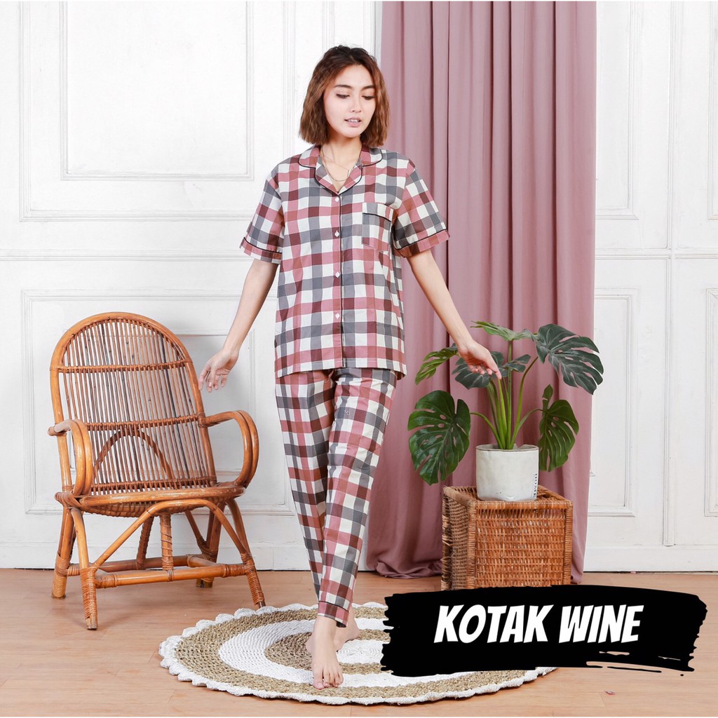 PIYAMA KATUN WANITA - KOTAK / BAJU TIDUR PEREMPUAN / WOMAN PAJAMAS / KOTAK WINE / KOTAK BIRU