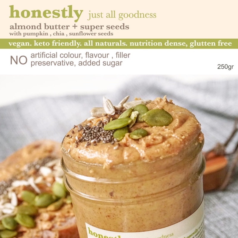 

Honestly Almond Butter - Super Seeds - Chia Pumpkin Sunflower Seeds