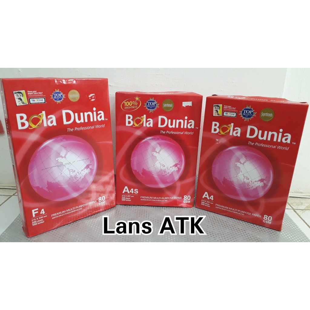 

KERTAS HVS / KERTAS FOTOCOPY BOLA DUNIA A4, A4S , F4 (80GSM) bola