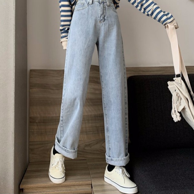 Celana panjang Wanita denim jeans loose high waist straight pants