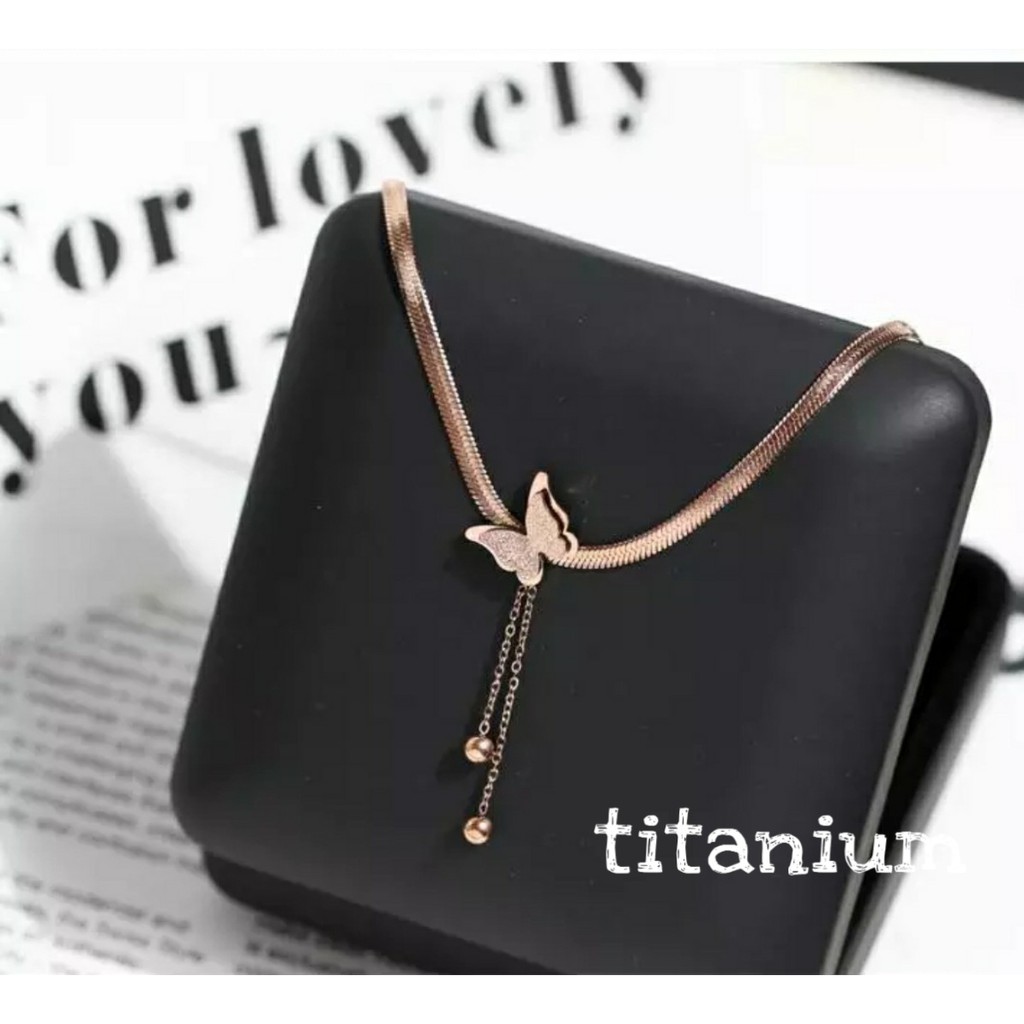 Kalung Rantai Belut Titanium Model Kupu - Kupu Rumbai Tersedia Warna Gold, Rose Gold dan Silver