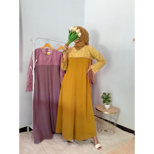 Raline Dress Henzie | Gamis ceruty kombinasi | gamis brokat payet