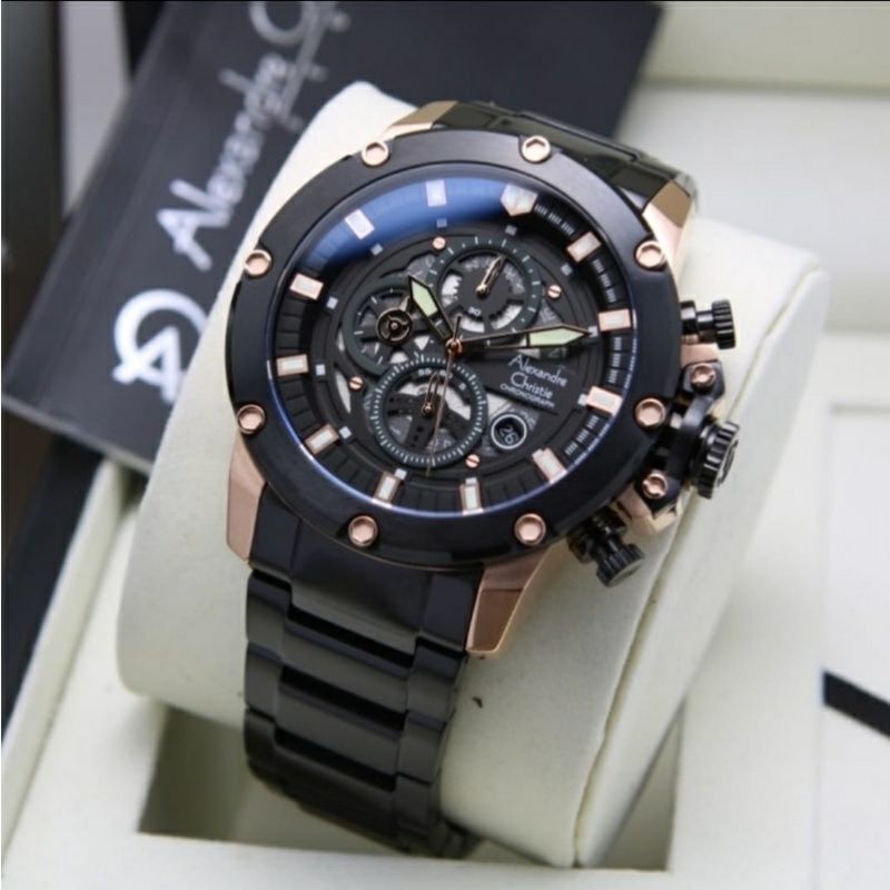 Alexandre christie Original Ac 6554 Jam Tangan Pria Stainless stell black rose gold
