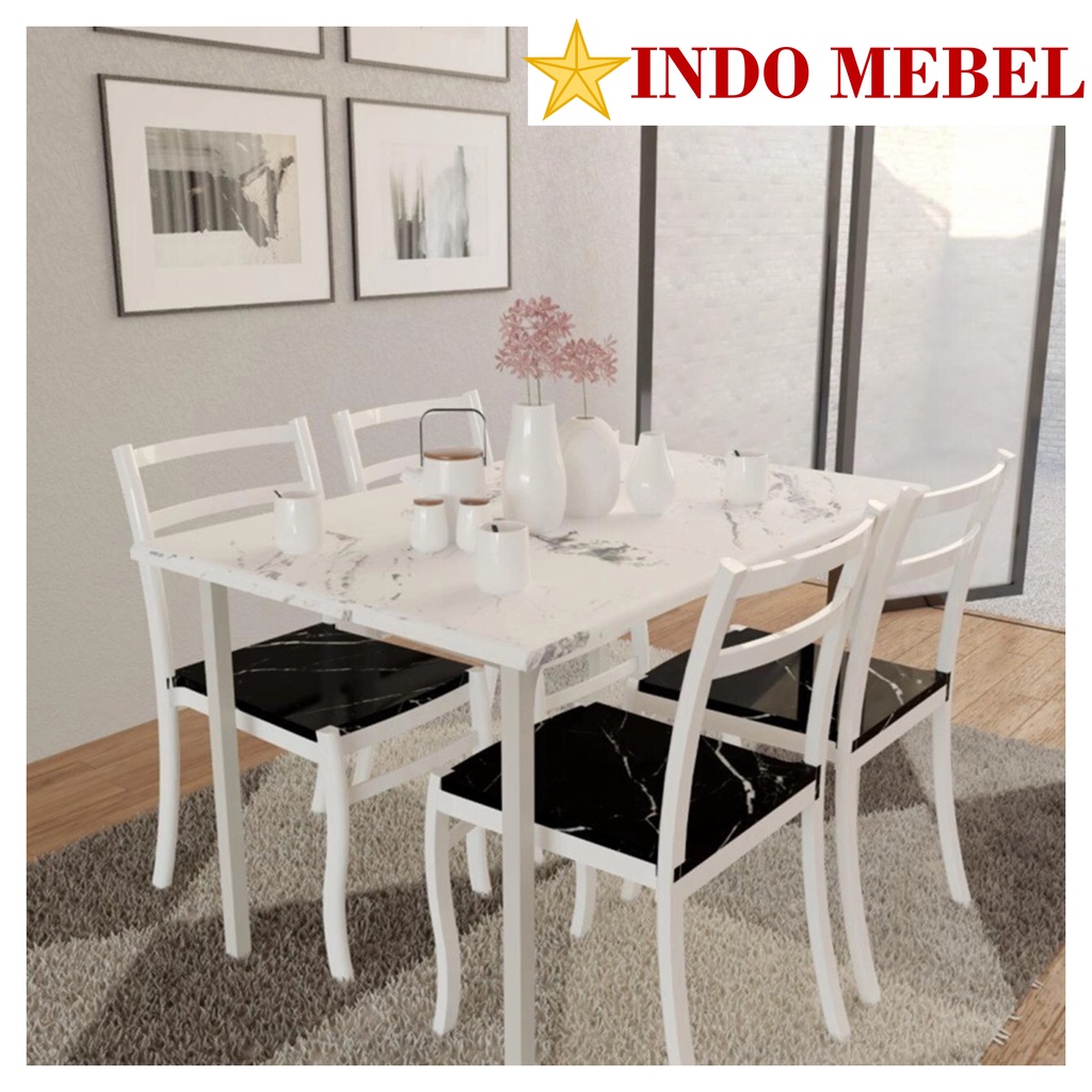 Meja Makan DTM Marble Putih Olympic 4 Kursi Dinning Table Minimalis