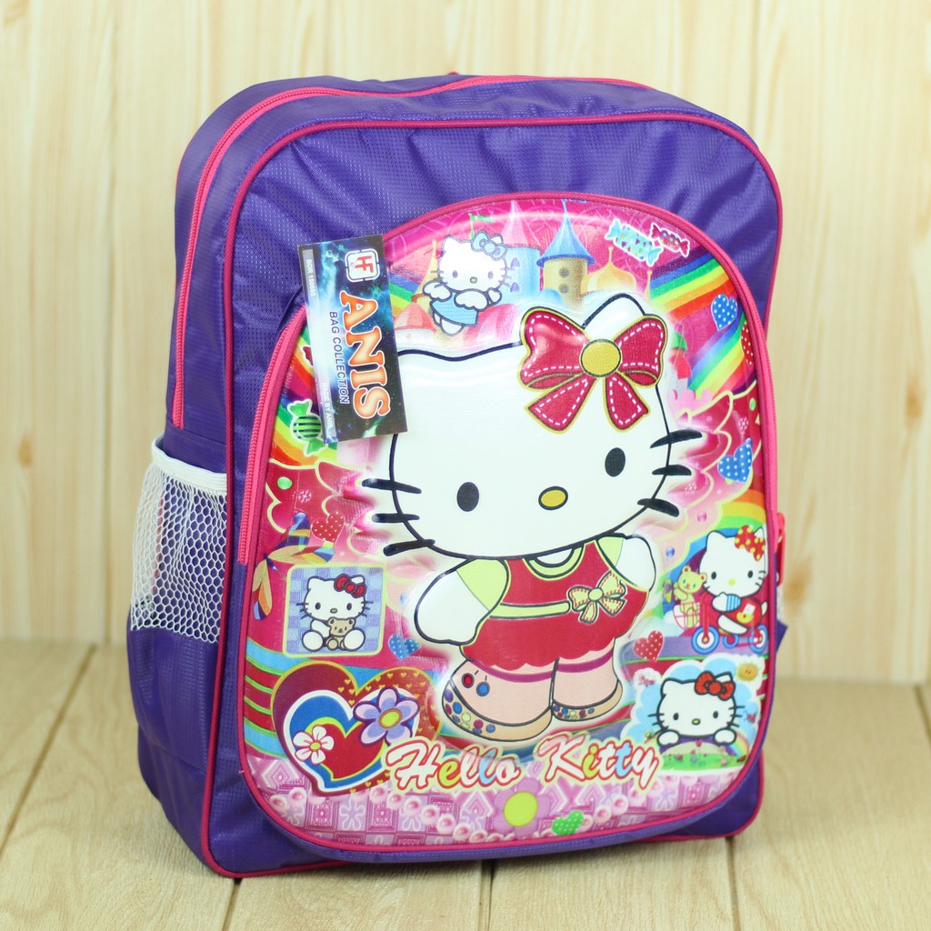 Tas Gendong Anak Motif Hello Kitty Ungu Emboss Ransel Sekolah Cewek SD TK PAUD Pre School Fashion