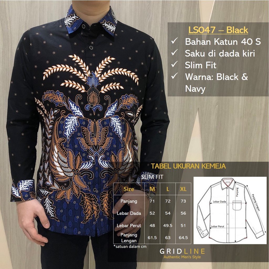 [GRIDLINE - LS047 &amp; LS036 - Black &amp; Navy] Kemeja Batik Pria Katun Lengan Panjang Slimfit Matching