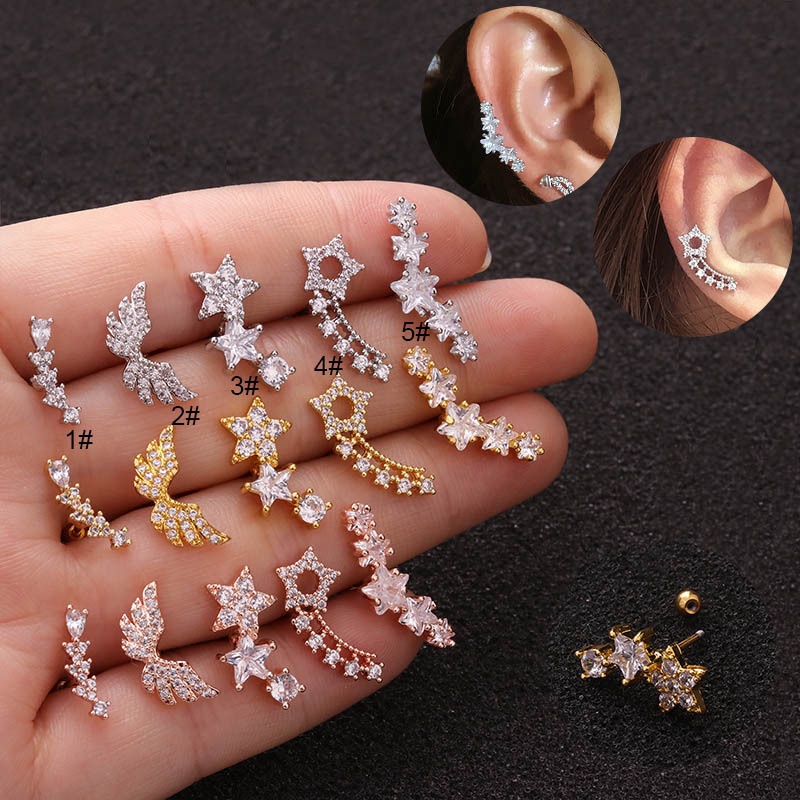 1Pc Zircon Star Wings Cartilage Helix Tragus Conch Rook Lobe Screw Back Earring Stud