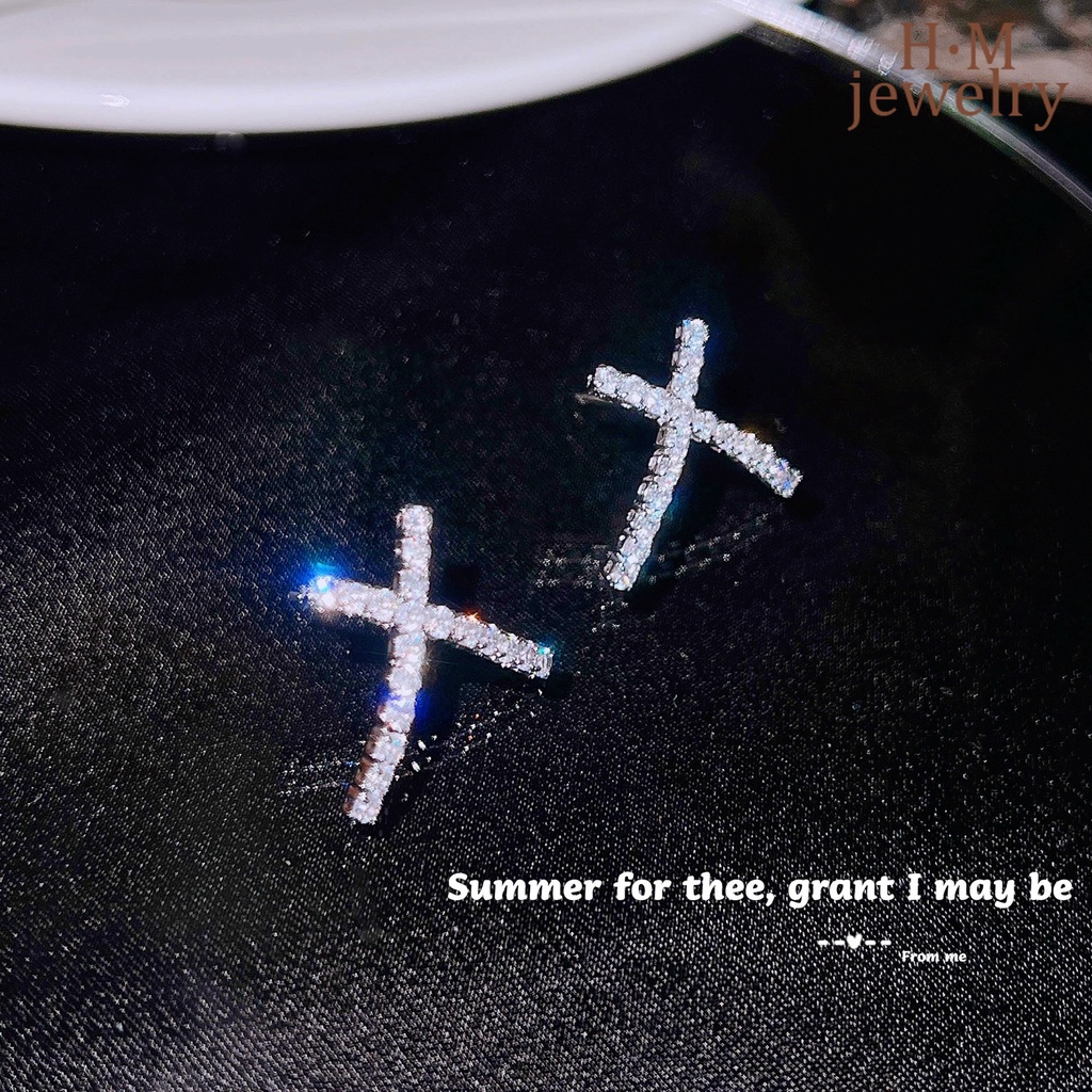 Anting Tusuk Sterling Silver Bentuk X Silang Hias Berlian Imitasi Untuk Wanita