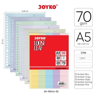 Loose Leaf Color Isi Kertas File Binder Mix Warna Joyko A5 50 Lembar A5-103MIX-50