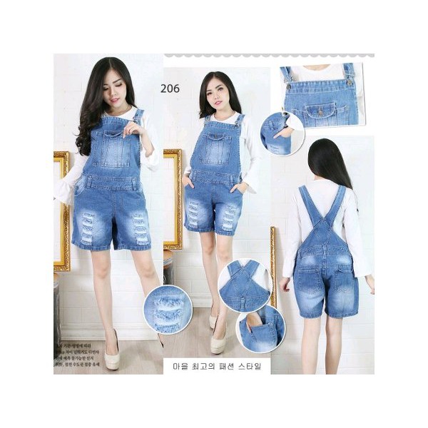 Baju Celana Kodok Overall Jumpsuit Pendek Jeans Import Tebal Premium Ripped Sobek Jumbo Big Size XL