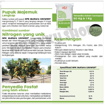 Rajaindobekasi PUPUK NPK GROWER 15-09-20+TE MUTIARA MEROKE KEMASAN PABRIK 1 KG TERMURAH GROSIR