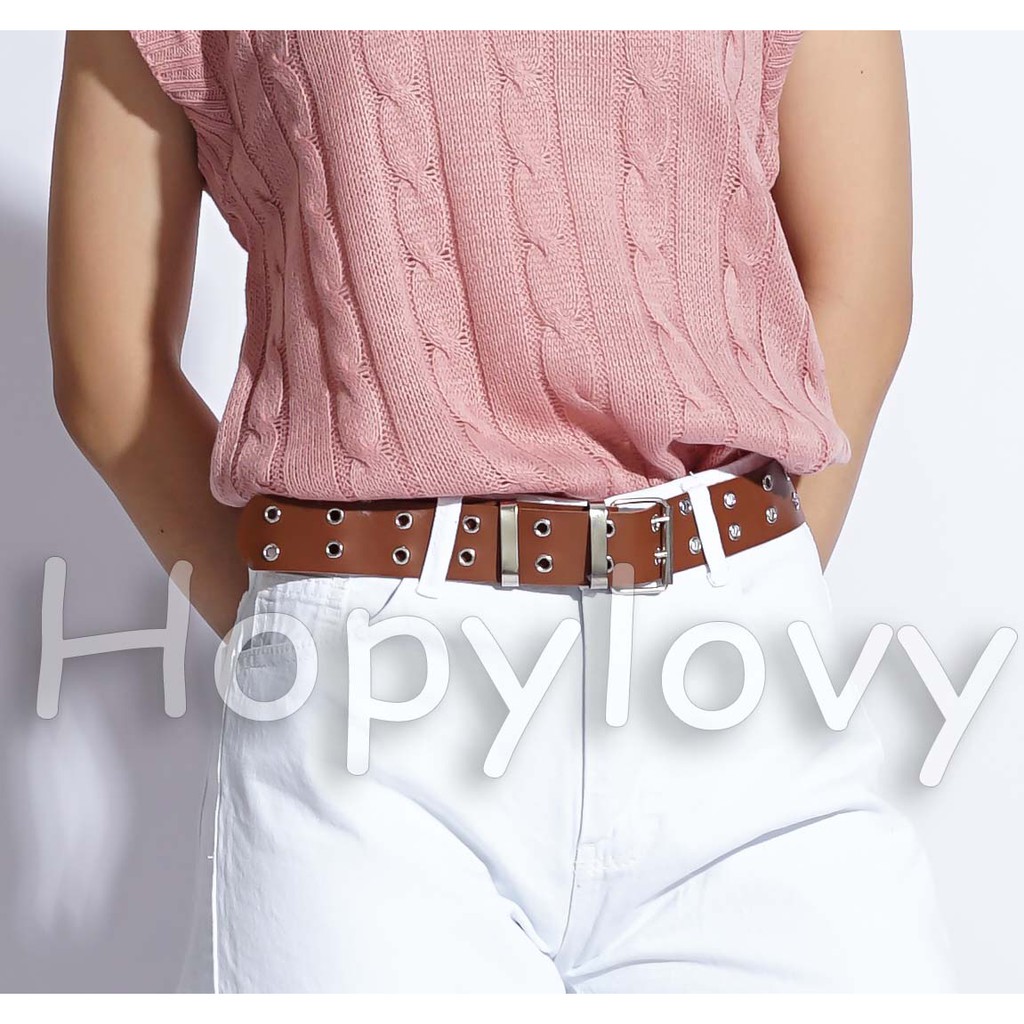 HOPYLOVY Ikat Pinggang Kulit Lubang Ganda Adjustable Lilian Ring Belt Strady