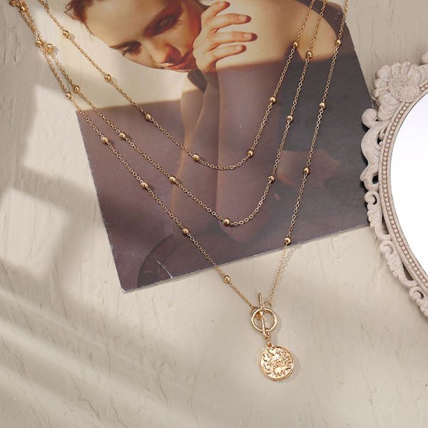 kalung multilayer simple retro coin ball necklace jka208 (3E1)