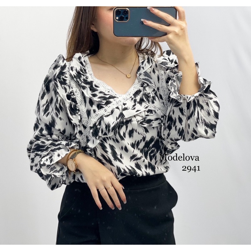 MDLV ~ 2941 WEASELA VNECK TOP BLOUSE CEWEK ATASAN LENGAN PANJANG CEWEK FASHION IMPORT WANITA