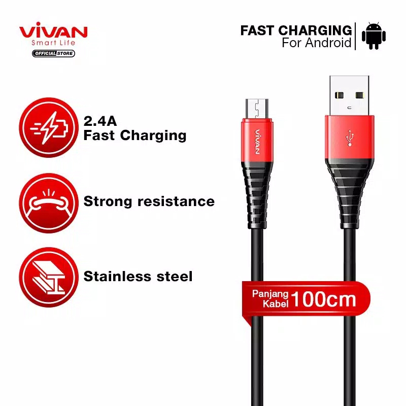 Kabel Data SM100s/SM100 Micro Fast Charging VIVAN 100CM 2.4A Android - Garansi 1 Tahun