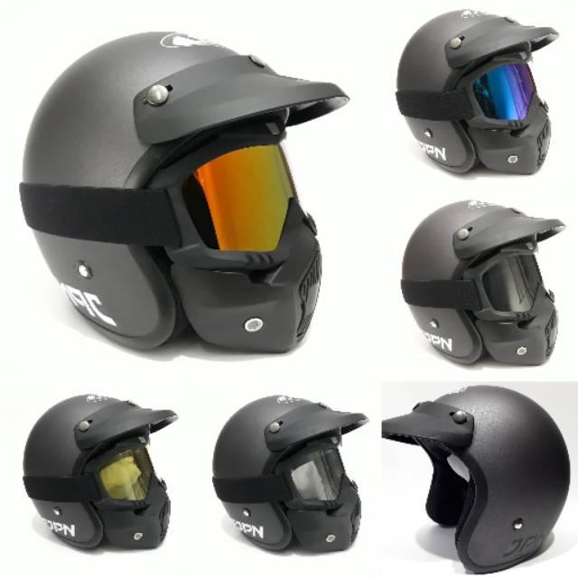 Helm Bogo Jpn Retro Abu gunmetal Dof Dengan Goggle mask