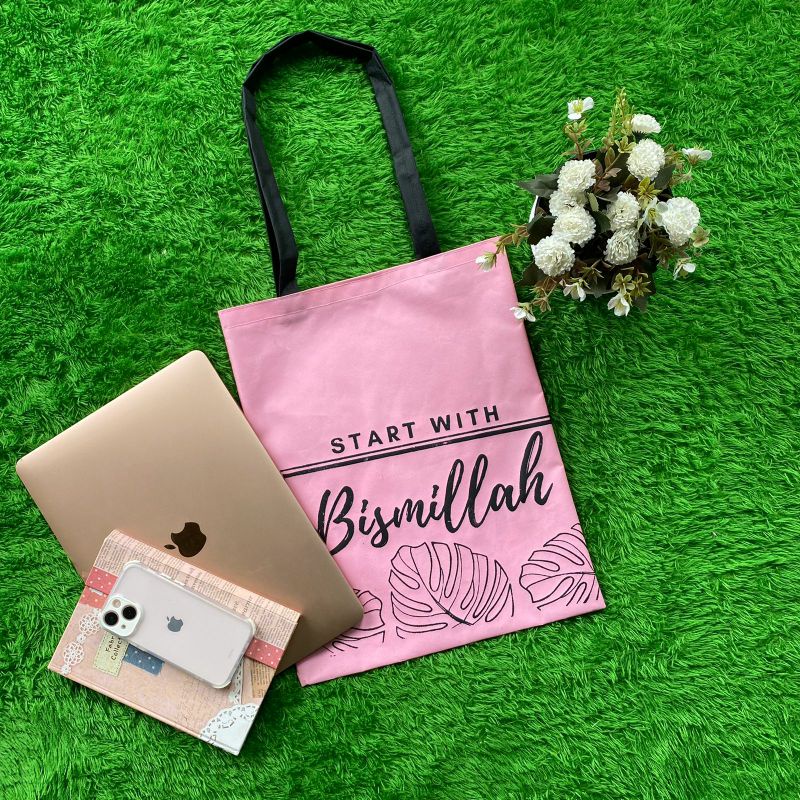 TOTEBAG WANITA MOTIF START WITH BISMILLAH | Warna Pink Muda