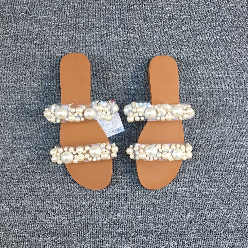 [IMPORTTMURAH] READY!!! SANDAL WANITA FLAT Z4RA DOUBLE STRAP MOTIF MUTIARA IMPORT PREMIUM #188906