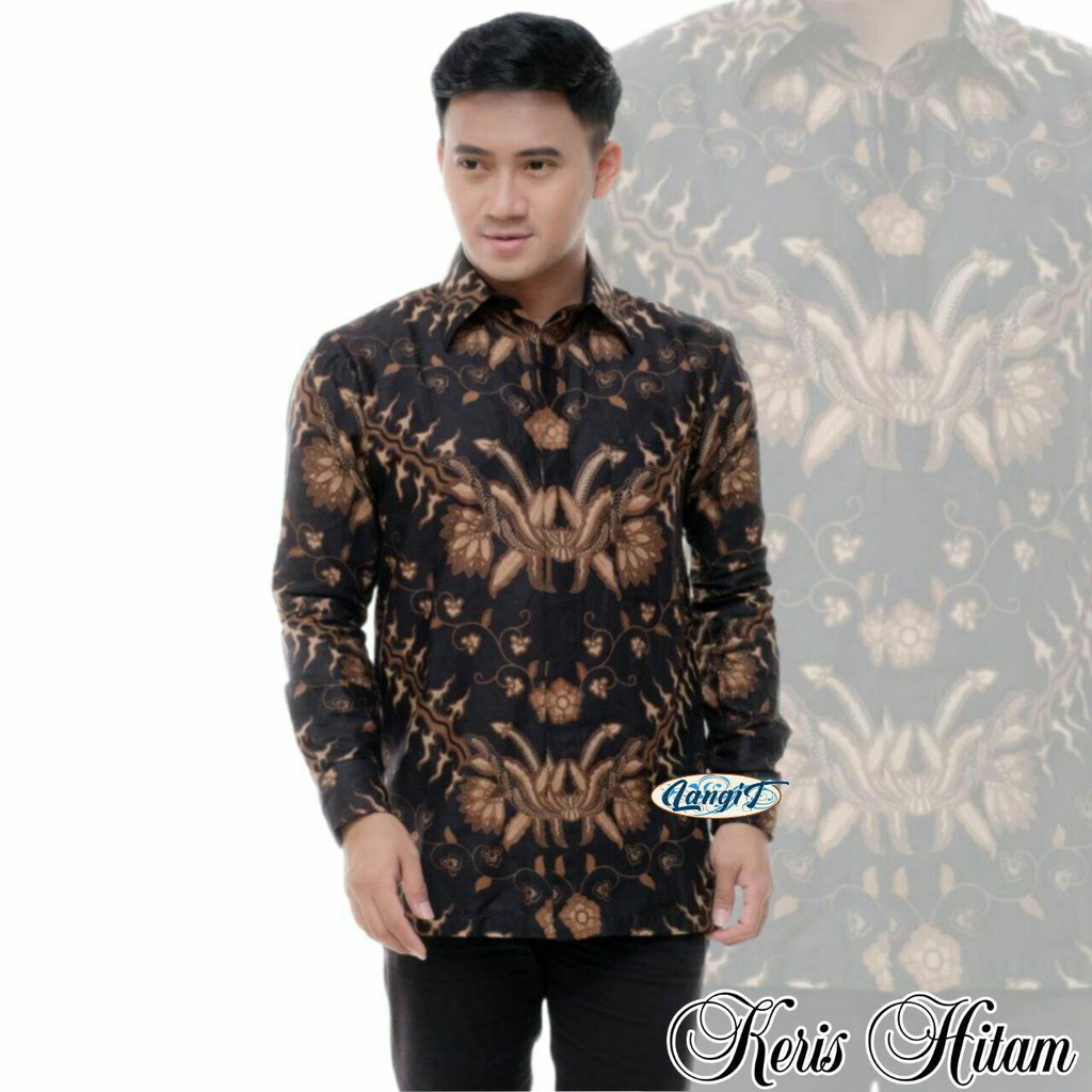 Couple Kemeja Batik Ayah Dan Anak Laki-laki Lengan Panjang Motif Keris Warna Hitam