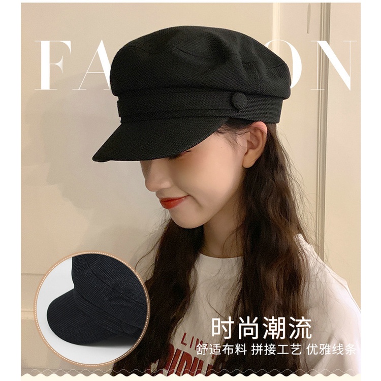 Topi Baret Wanita Bentuk octagonal Warna navy Gaya retro Untuk Musim Gugur Dan Dingin