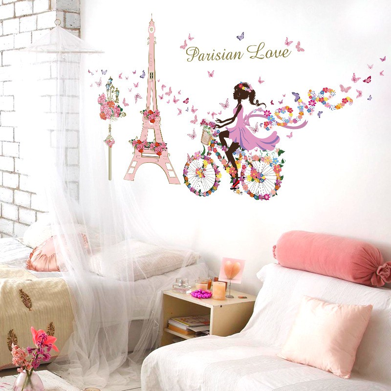 RELIZA Wall Sticker / Stiker Dinding 60X90 FLOWERS GIRL PARIS Eiffel TOWER PINK SK9006