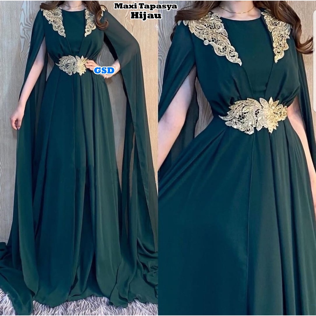 Maxi Tapasya/Baju Gamis Pesta Bordir Wanita  Longdress Muslimah Lengan Model Selendang  Bahan Moscrepe Size L