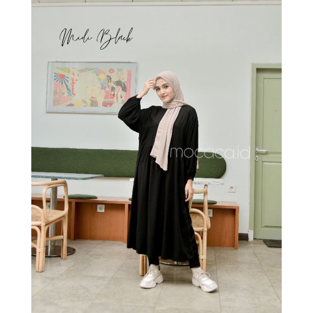 Midi Dress Rayon Twill Premium dan Katun Poplin Premium Hitam dan Putih A Line Babydoll super Cantik