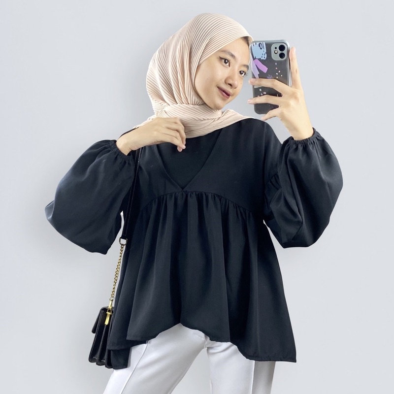 Tq88indonesia Fashion Baju Atasan Wanita Lengan Panjang /  FRISKA RUFFLE BLOUSE Polos Terbaru / Busana Casual Cewek / Ootd / Outfit / Outfit