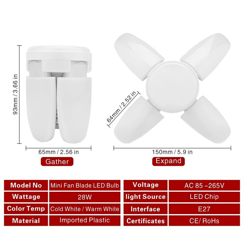 Lampu Bohlam Lipat Mini Model Daun LED E27 28w /6500k Folding Fan Mini Blade Bulb