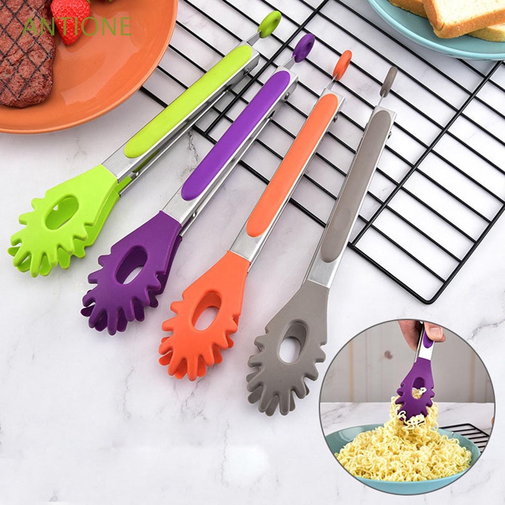 Antione Bread Food Serving Tongs Barbeque Pasta Tools Bbq Clips Cooking Kitchen Stainless Steel Handle Silicone Heat Resistant Salad Noodles Clamp/multicolor