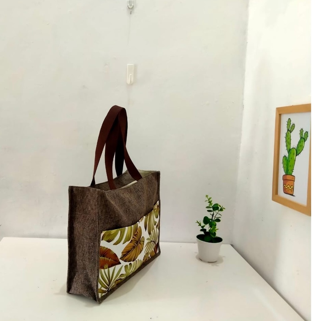 RIENS COLLECTIONS. TAS GONI WANITA KOMBINASI KANVAS MOTIF ADENIA COKLAT. Tas Kanvas Tas Jogja