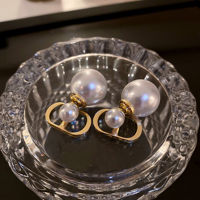 Anting Stud Desain Huruf D Ganda Aksen Mutiara Bahan S925 silver Gaya Perancis