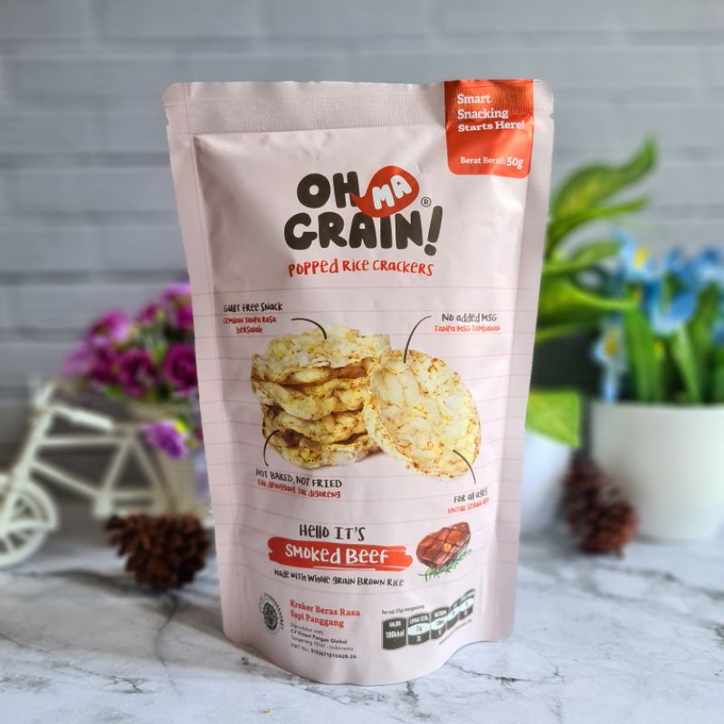 Oh Ma Grain Popped Rice Crackers / Snack Kreker 50 gram - Smoked Beef