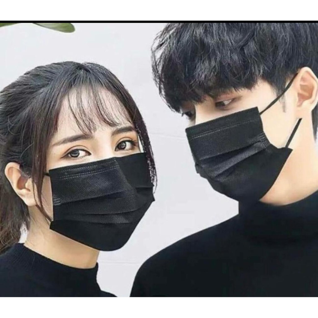 Masker 3ply HITAM . BLACK Earloop 3 ply disposable face mask - Hitam