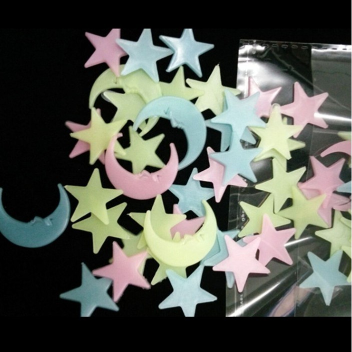 Grosir - H203 (100 pcs) Bintang &amp; Bulan Glow in the Dark Warna Warni / Stiker Dinding Bercahaya