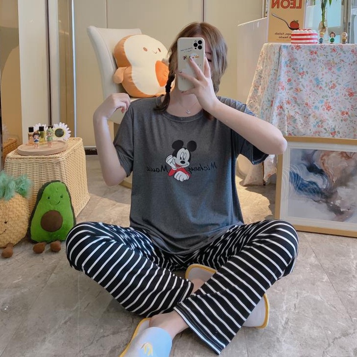 Baaju.id Baju Setelan Piyama Import Jumbo Big Size Baju Rumah Baju Tidur Wanita KR1001-DARKGREY MICKEY