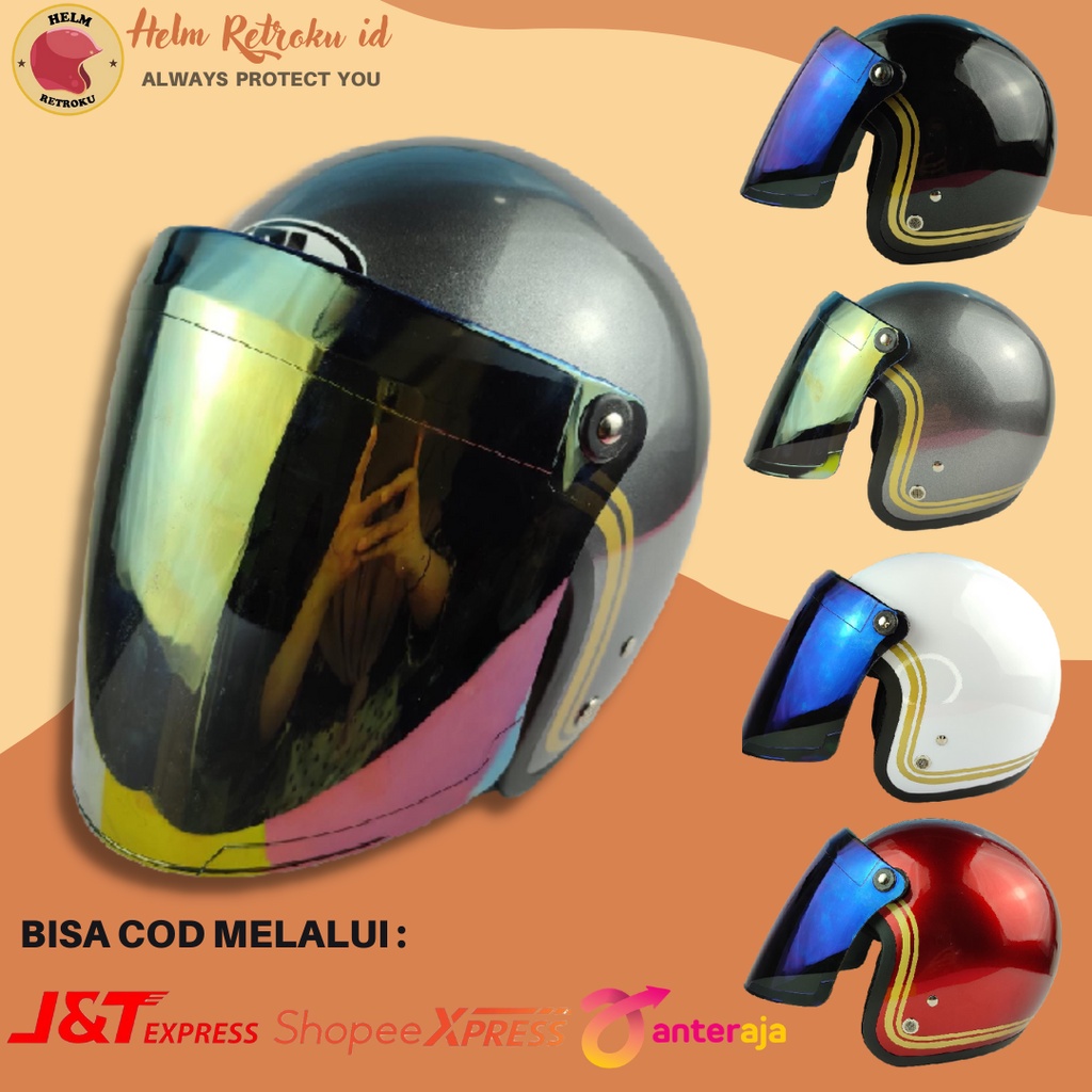 Helm Bogo Dewasa Retro Full Leher SNI Motif Lengkung Dengan Kaca Boss