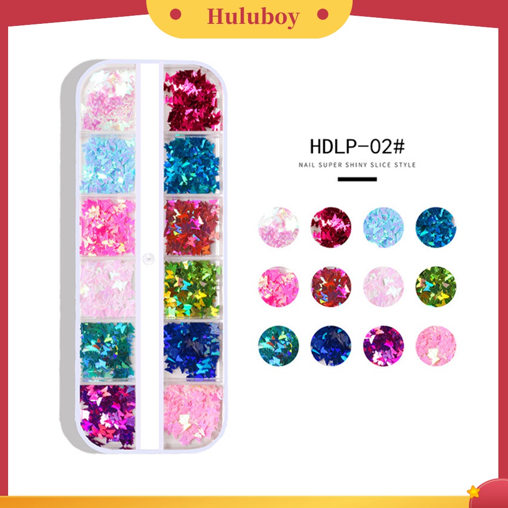 Huluboy Huluboy♡ Stiker Sequin Glitter Kupu-Kupu 12 Warna Untuk Dekorasi Nail Art DIY