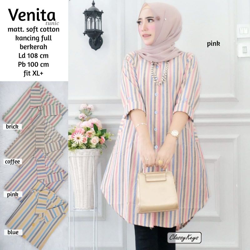 Venita tunik/atasan wanita/baju muslim/lengan panjang/motif garis garis