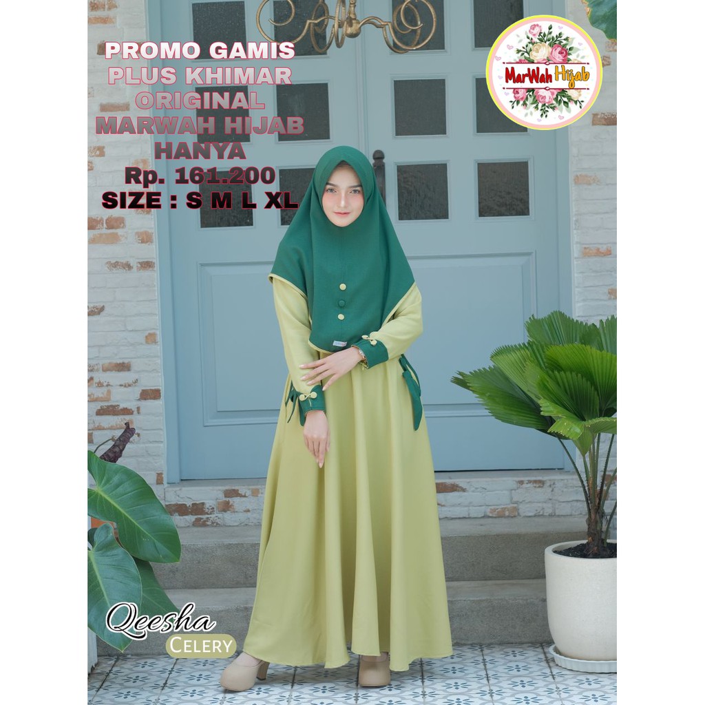 Termurah original gamis marwah hijab qeesha dress celery gamis syari set khimar gamis terbaru syar'i