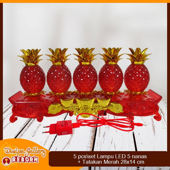 Lampu Sembahyang Altar Merah LED 5 Nanas + Tatakan (28x14 cm)