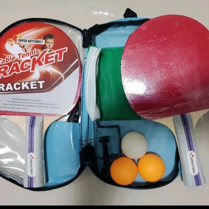 PAKET ISI 2 BAT BET PINGPONG MEJA TENIS BUTTERFLY ISI 2 (FREE BOLA) DAN TIANG PINGPONG SET TAS BIRU