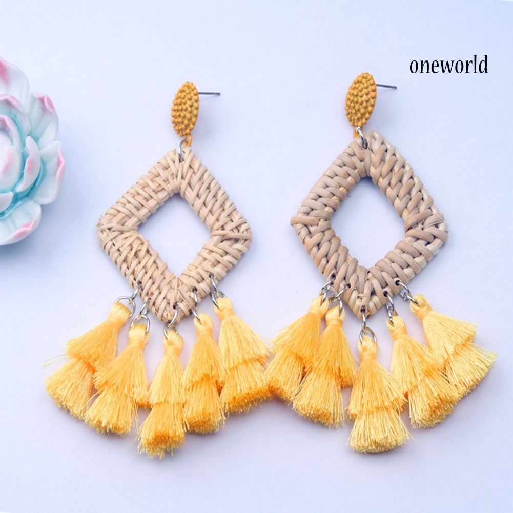 OW@ Boho Women Hollow Rhombus Rattan Woven Tassel Statement Dangle Stud Earrings