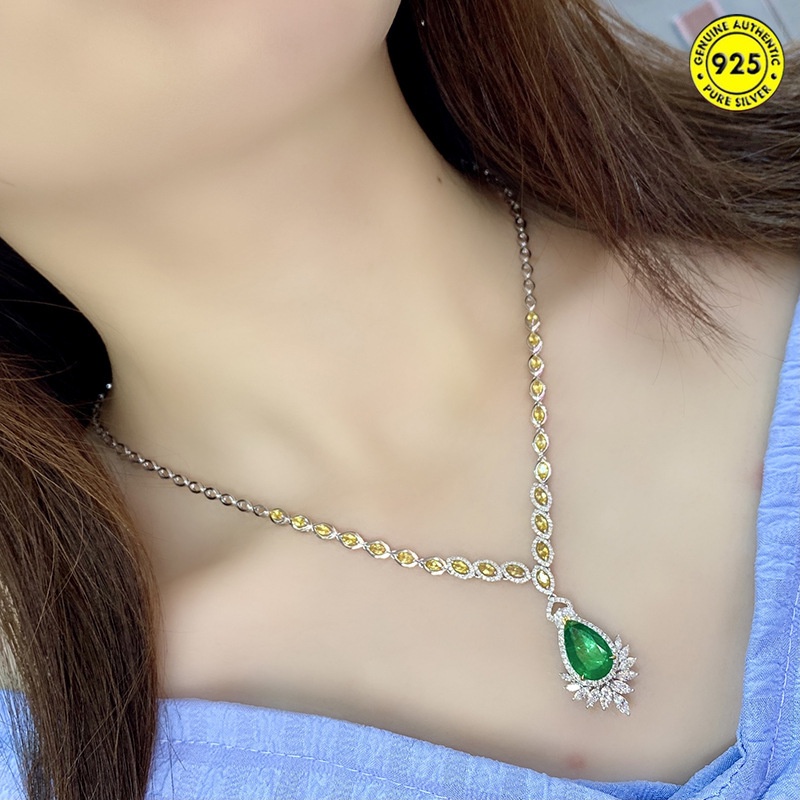 Set Kalung Rantai Dengan Liontin Batu Permata Emerald Kristal Untuk Wanita