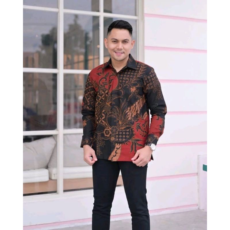 BATIK KASUAL WARNA MERAH KEMEJA BATIK FORMAL / PESTA TERBRU BATIK LENGAN PANJANG WARNA MERAH