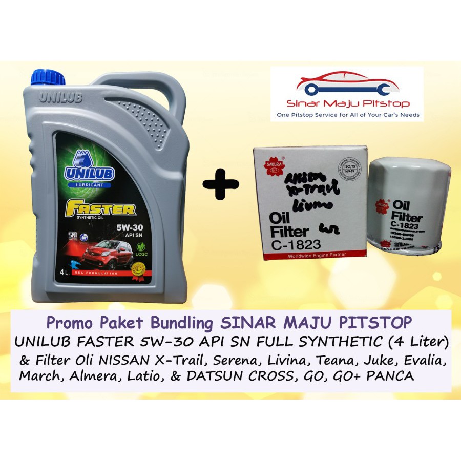 Paket Bundling Oli Mobil UNILUB FASTER 5W-30 SN 4 Liter & Filter Oli NISSAN LIVINA & GRAND LIVINA