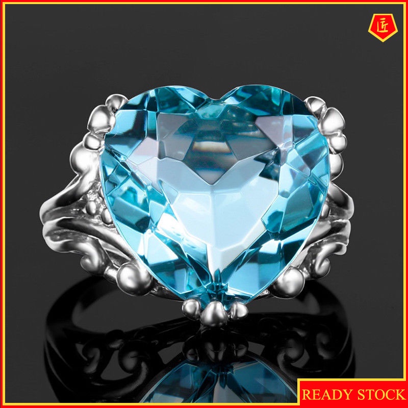 [Ready Stock]Creative Topaz Sea Blue Heart-Shaped Ring Fashion