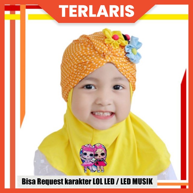 HIJAB ANAK BAYI LUCU 0-2 TAHUN JILBAB + TURBAN 2IN1 ANAK LOL LED MUSIK BUNGA