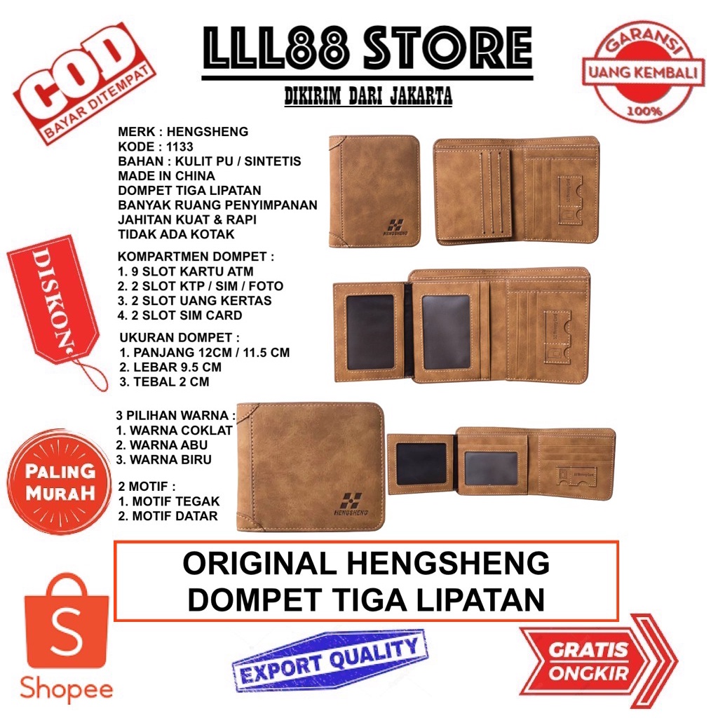 ORIGINAL HENGSHENG 1133 DOMPET UANG TIGA LIPATAN BAHAN KULIT SINTETIS - LLL88 Store
