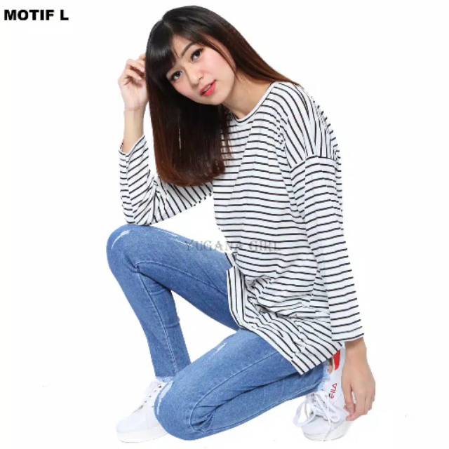 Belle Fashion Baju Kaos Jumbo T-Shirt Murah Lengan Panjang Salur